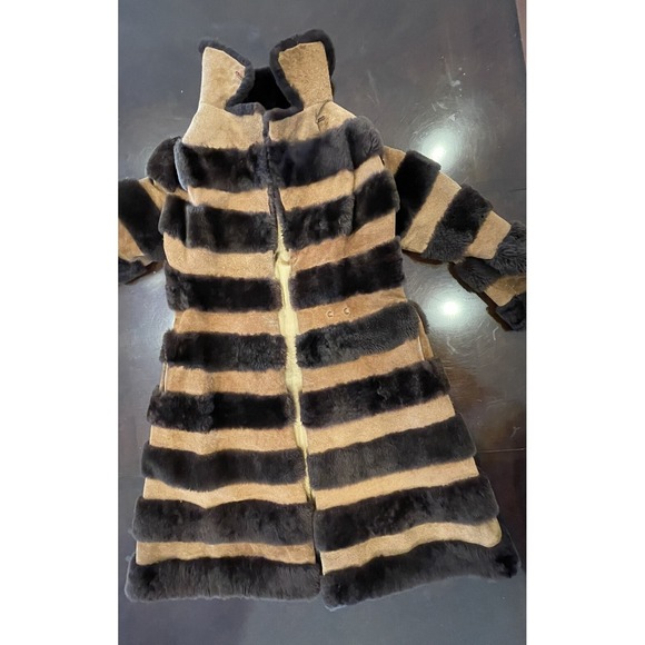 Vintage 70s Mouton Fur Long Coat Suede Stripe Shearling Retro Boho Glam XXS READ - Picture 5 of 16